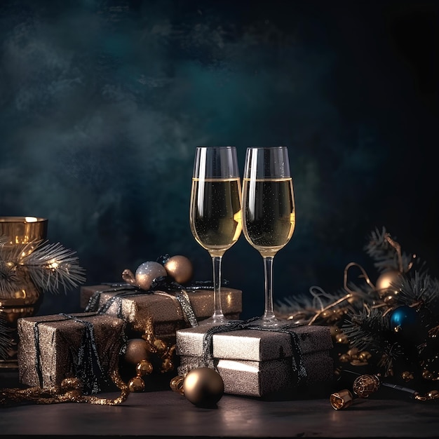 Christmas theme Glasses of champagne Gift boxes and Christmas tree on background with bokeh