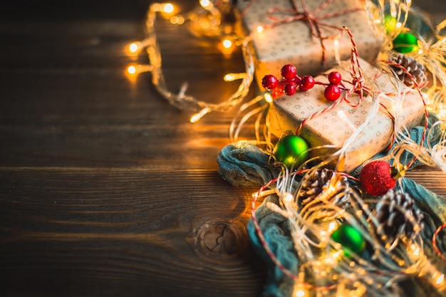 Christmas theme on wooden table.