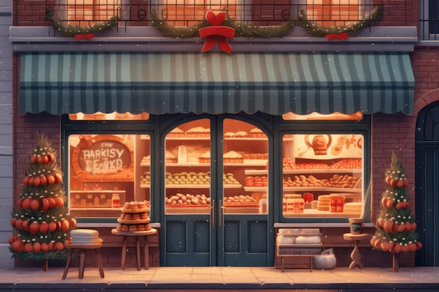 Christmas themed backdrop of a bakery