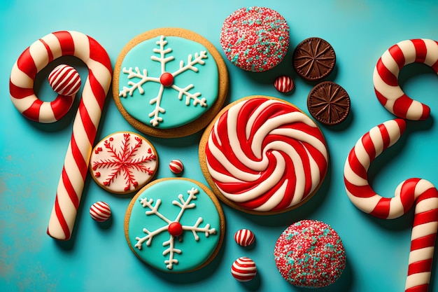 Christmas themed cookies resting atop candy canes with a blue background