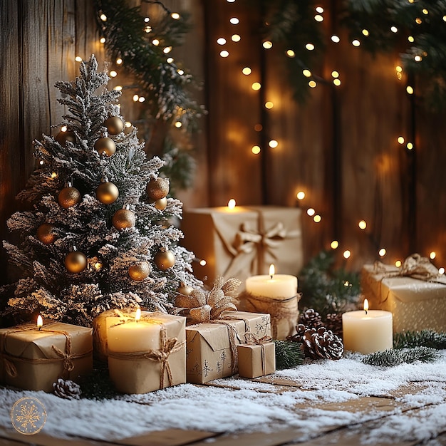 Photo a christmas themed photography backdrop with wooden planks decorated for the holiday season with li