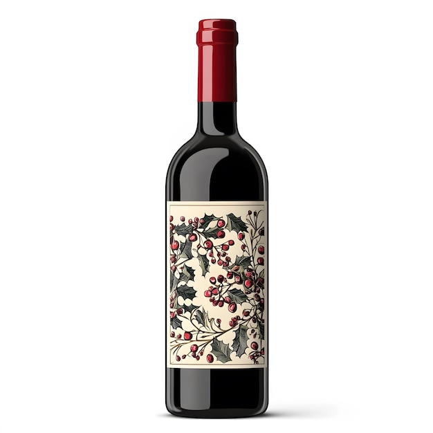 Photo christmas themed wine bottle with a festive label isolated on a white background