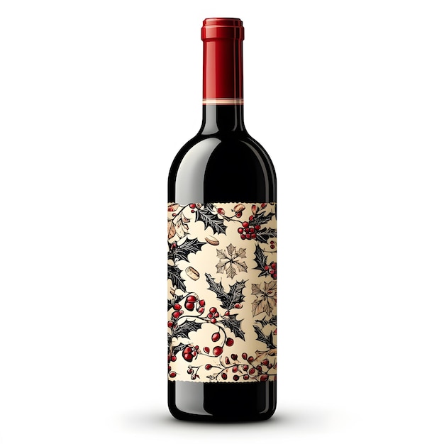 Christmas themed wine bottle with a festive label isolated on a white background