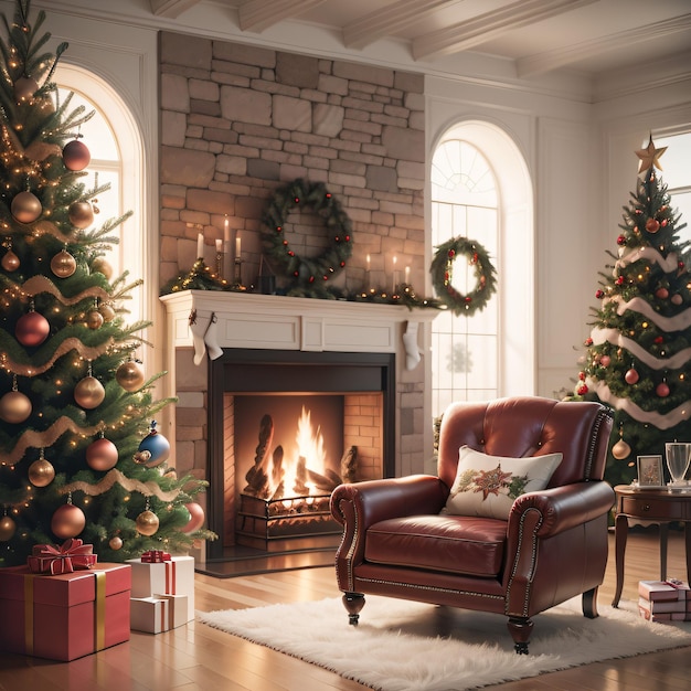 Christmas time Christmas tree gifts decorations fireplace by AI