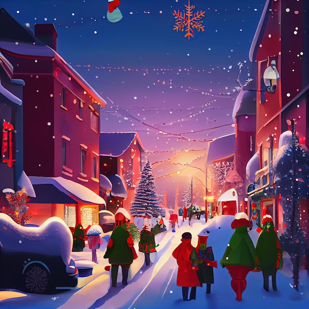 Christmas tme in beautiful city cartoon style happines and joy