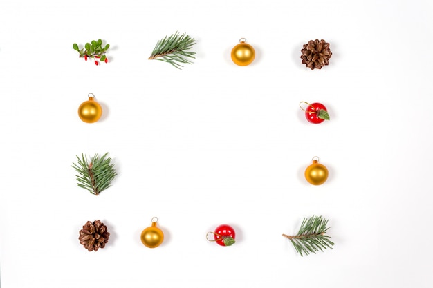 Christmas toys composition frame background. Creative holidays flat lay.