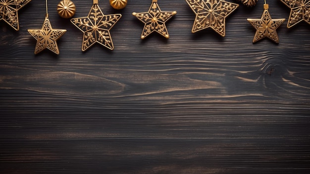 Christmas toys and decorations on a wooden background An empty space for the text