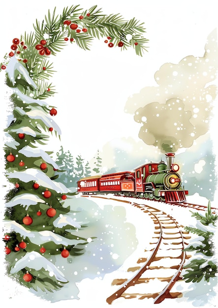 Photo christmas train set watercolor winter border