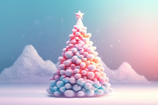 Christmas tree 3D gradient pastel colors background Cute cartoonish candy colors Christmas decoration made with bubbly geometrical forms for event flayers greeting postcards AI Generative content