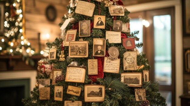 A Christmas Tree Adorned with Vintage Photos and Ornaments