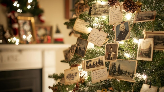 Christmas Tree Adorned with Vintage Postcards and Lights