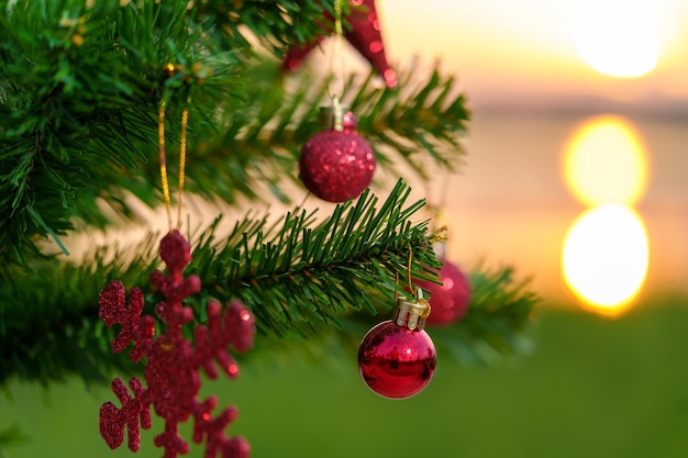 Christmas tree background and Decorated Christmas tree on blurred background