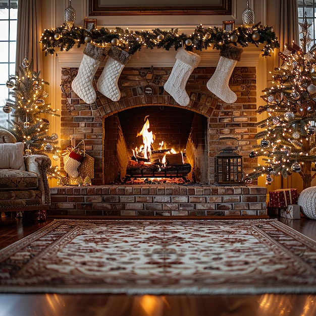 a christmas tree in the background and a fireplace with a fire place in the background