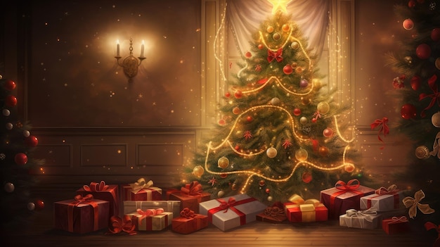 Christmas tree background with a beautifully decorated room wrapped presents and glowing lights