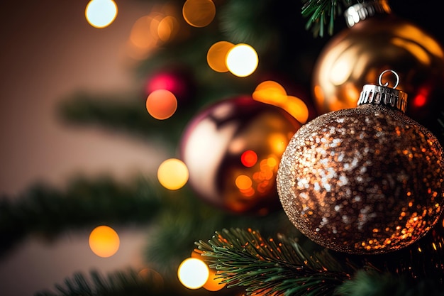 Christmas tree balls up close Background with bokeh garlands new years idea