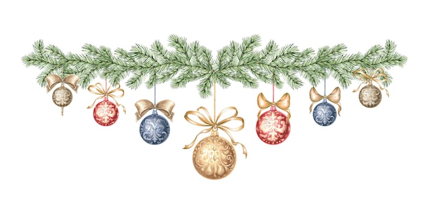 Christmas tree balls with bows on spruce branch hand drawn watercolor illustration