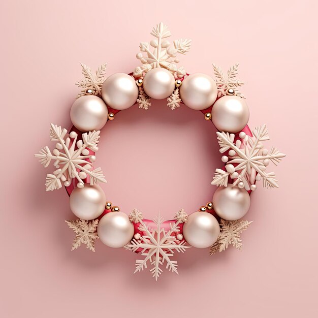 christmas tree bauble snowflake wreath with holiday decorations on warm beige colour background