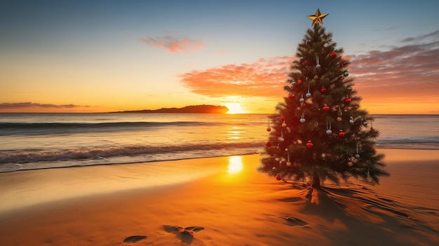 Christmas tree on the beach at sunset Christmas and New Year holidays concept