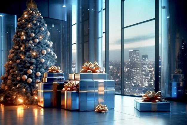 Christmas tree and blue gift boxes with blue bows in interior Generative AI