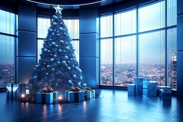 Christmas tree and blue gift boxes with bows in interior Generative AI