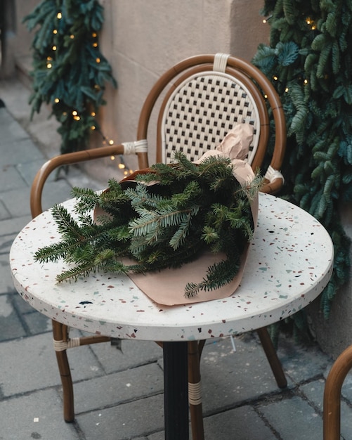 Christmas tree bouquet at the table