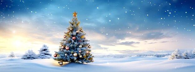 Christmas tree and box with gifts in the snow skyblue and yellow bright background