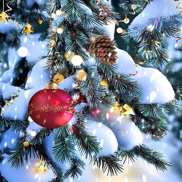 Christmas tree branch covered by snow and festive illumination light and  ball gold confetti