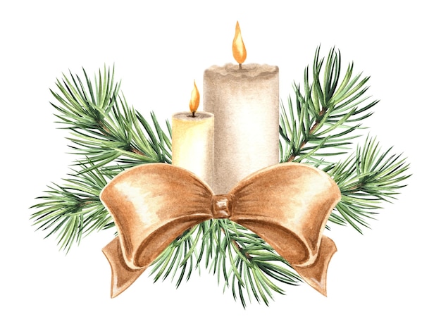 Christmas tree branch with candle and gold silk bow hand drawn watercolor illustration new year