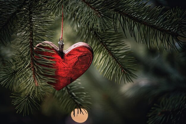 Christmas tree branches decorated with cute red hearts holding Generative AI