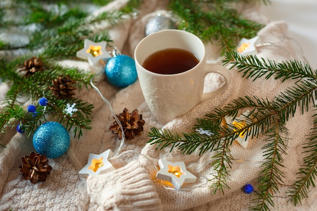 Christmas tree branches with decorations