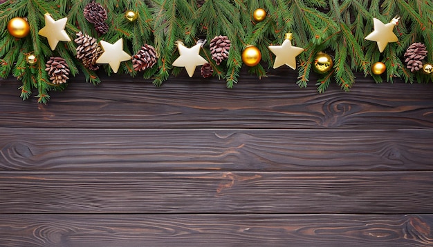 Christmas tree branches with fircones gold stars on dark wooden background