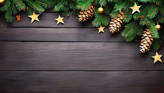 Christmas tree branches with fircones gold stars on dark wooden background