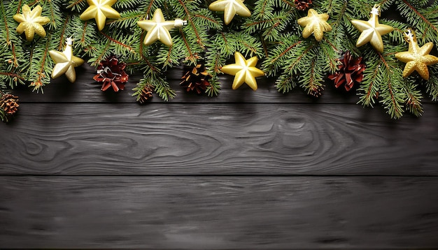 Christmas tree branches with fircones gold stars on dark wooden background