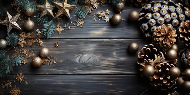 Christmas tree christmas toys on wooden background Generative AI