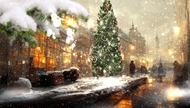 Christmas tree on city town hall square  decorated and iluminated street lamp blurred light houses