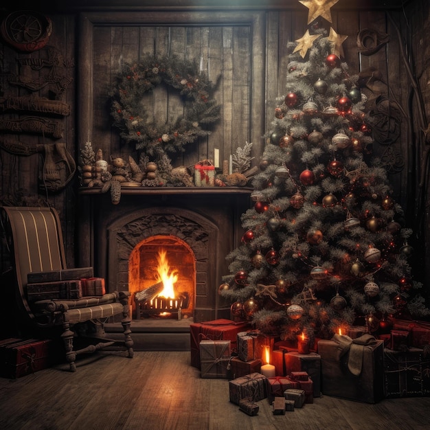 Christmas tree in a classic wooden interior at night