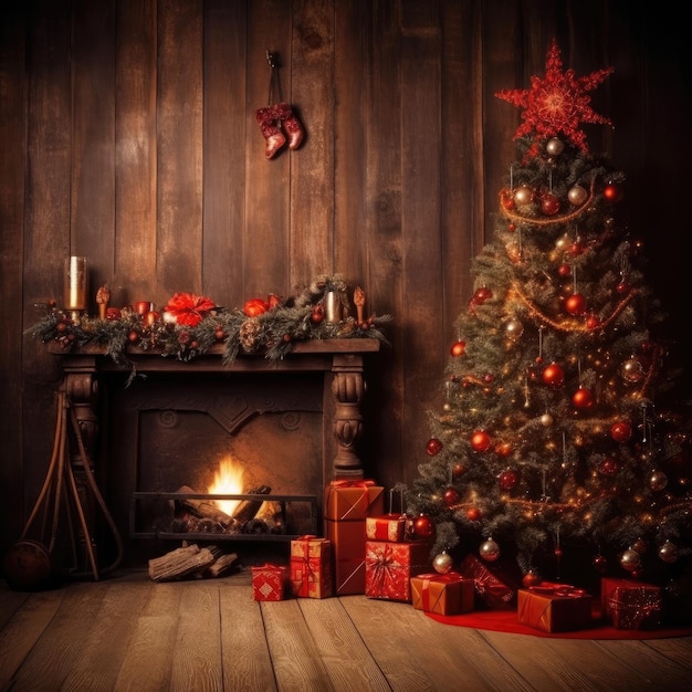 Christmas tree in a classic wooden interior at night