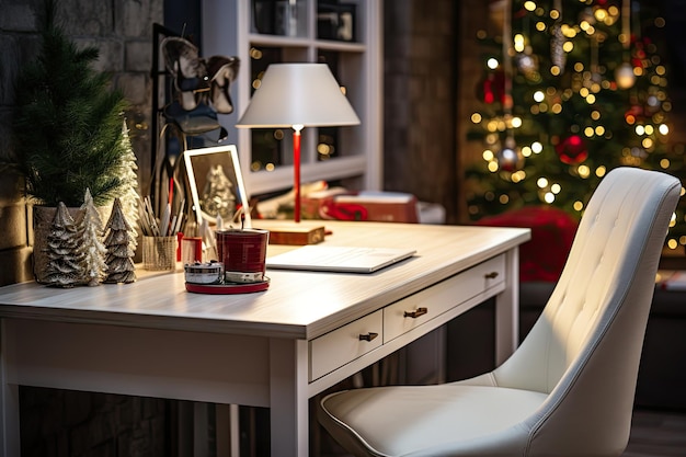 a christmas tree in the corner of a room with a desk chair and lamp on it's side