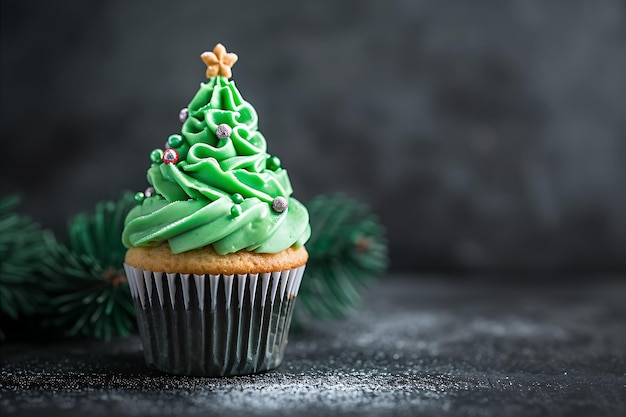 Christmas Tree Cupcake on Dark Background