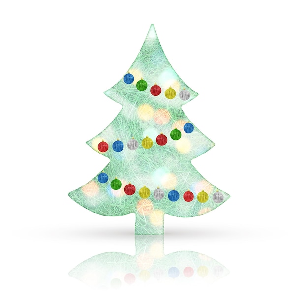 Christmas tree cut from sisal with bokeh lights and  multi-colored toy balls  on a white background.