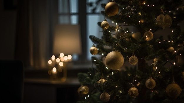 Christmas tree in a dark room with a candle in the corner