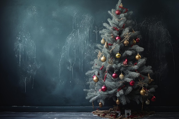 A christmas tree in a dark room with a dark background