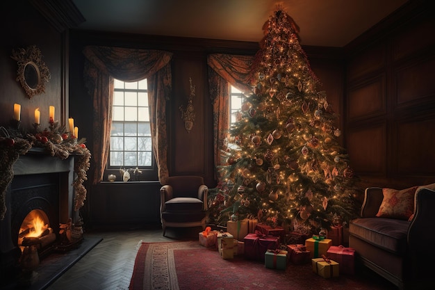 A christmas tree in a dark room with a fireplace and a christmas tree in the corner.