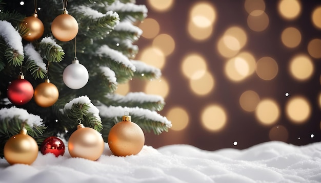 Christmas tree decorated background with snow