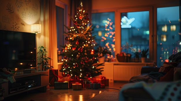 christmas tree decorated living room scene