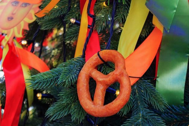 Christmas tree decorated with bagels and cheesecakes