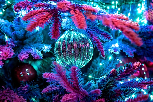 Christmas tree decorated with ball closeup view Happy New Year background blur bokeh