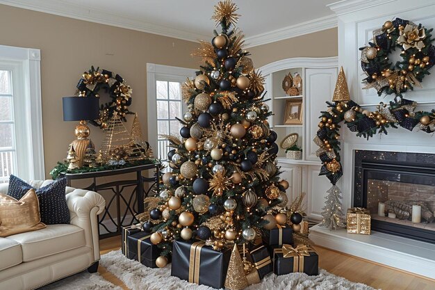 A christmas tree decorated with black and gold ornaments