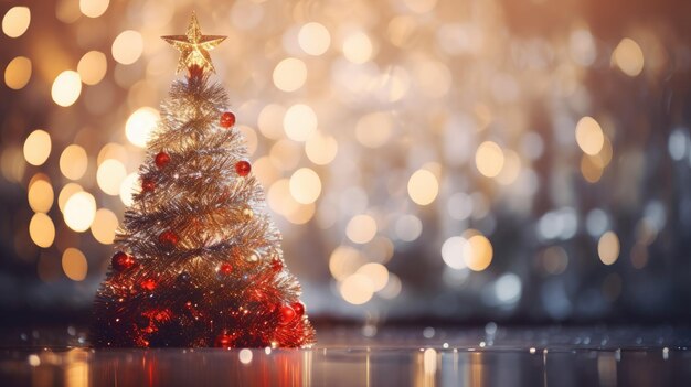 A Christmas tree decorated with colorful Christmas balls against a festive bokeh background with copyspace