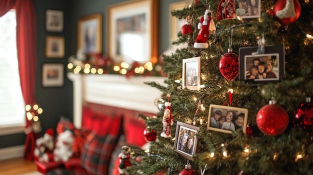 Christmas Tree Decorated with Family Photos and Ornaments